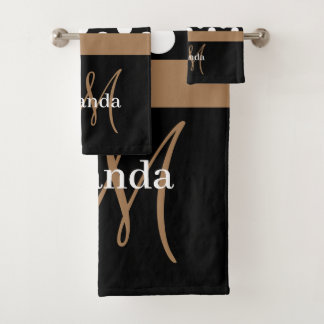 Brown Monogram Black White Polka Dot Bath Towel Set