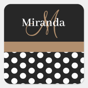 Brown Monogram Black White Polka Dot Square Sticker