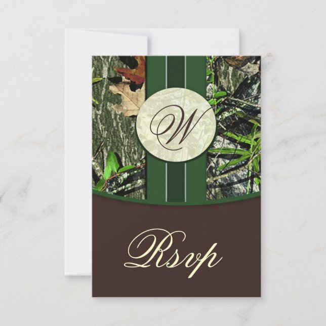 Brown Monogram Hunting Camo Wedding RSVP Cards (Front)