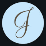 Brown Monogram J on Light Blue Favour Label<br><div class="desc">Monogram Gifts have a huge selection of customizeable USPS postage stamps, envelope seal stickers, greeting cards, tshirts, hats, buttons, magnets and so much more. These monograms are great for mailing wedding invitations, Anniversary Party invitations, graduation announcements, and suprise birthday parties just to name a few.</div>
