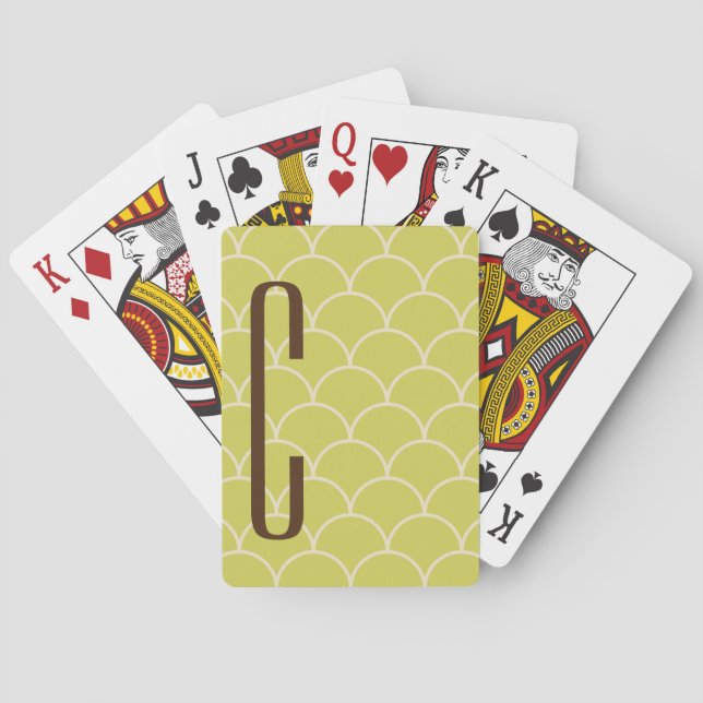 Brown Monogram on Retro Green Pattern Playing Cards (Back)