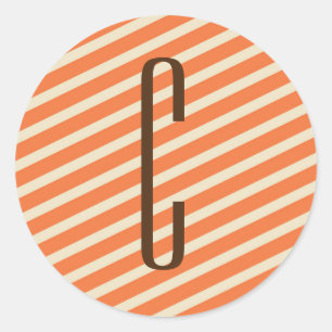 Brown Monogram on Retro Orange Diagonal Stripes Classic Round Sticker