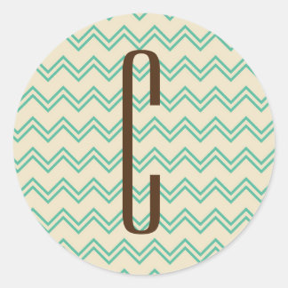 Brown Monogram on Turquoise Green Chevron Pattern Classic Round Sticker