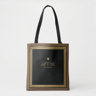 brown monogrammed tote bag with faux gold hearts