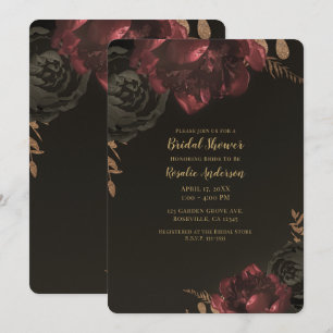 Brown Moody Dark Floral Gold Greenery Bridal Invitation