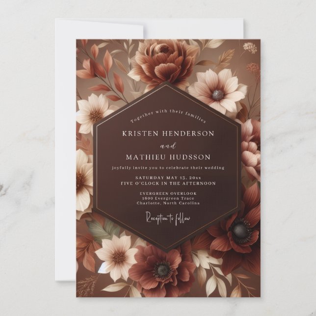 Brown Moody Floral Autumn Wedding Invitation (Front)