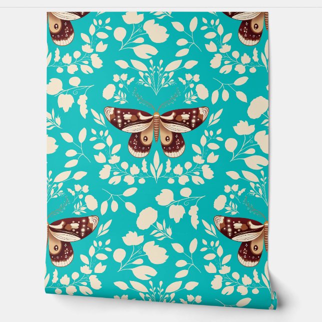 Brown Moth & Cream Foliage Wallpaper on Turquoise (Unrolling)