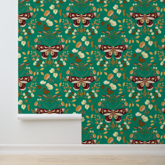 Brown Moth & Floral Wallpaper – Green Wallpaper