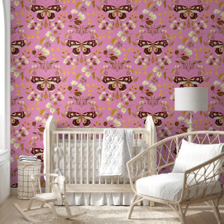 Brown Moth & Floral Wallpaper on Pink