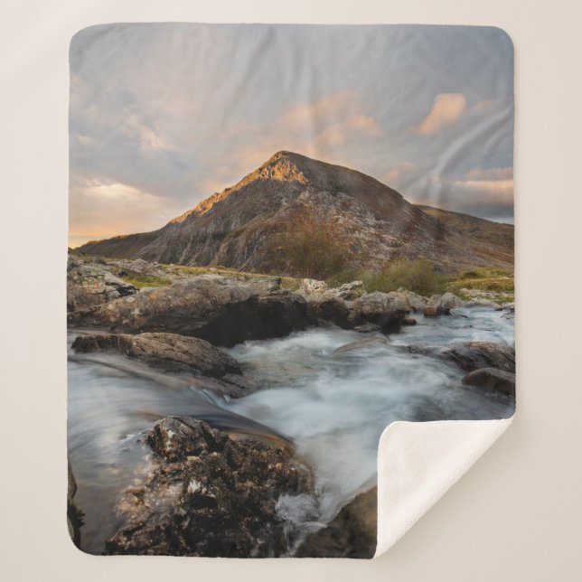 BROWN MOUNTAIN NEAR BODY OF WATER UNDER CLOUDY SKY SHERPA BLANKET (Front)