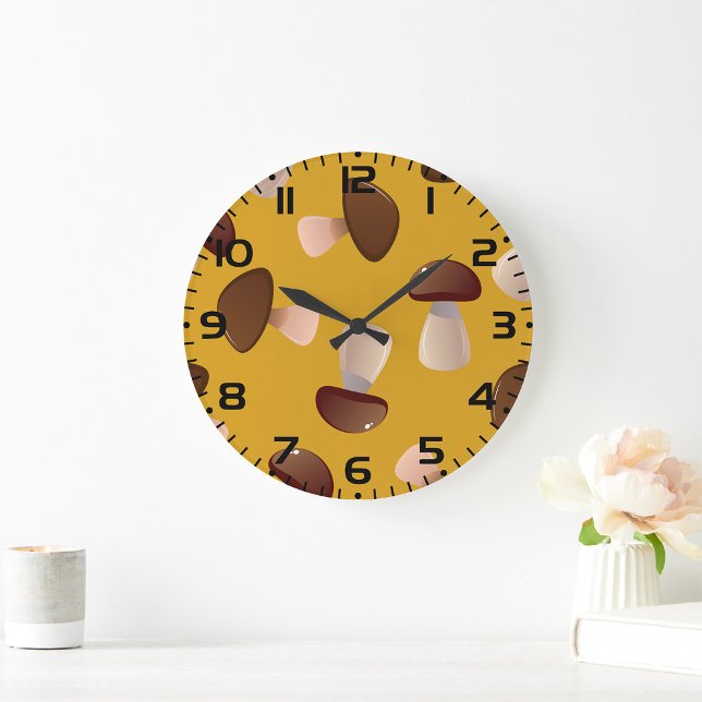 Brown Mushroom Pattern on Mustard Yellow Large Clock (Creator Uploaded)