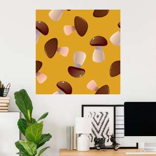 Brown Mushroom Pattern on Mustard Yellow Poster