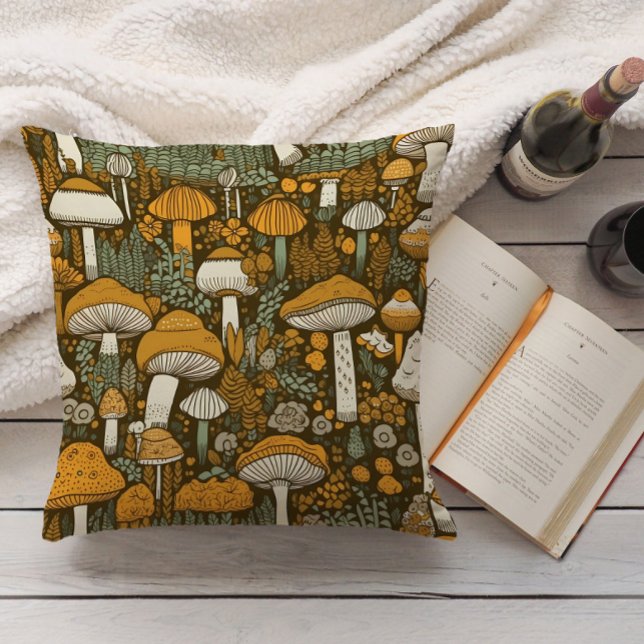 Brown Mushrooms Vintage Botanical  Cushion (Retro orange mushrooms on brown decorator pillow)