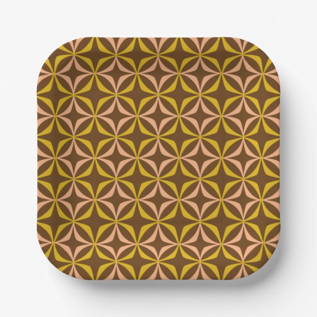 Brown Mustard Peach Retro 70s Geometric Pattern Paper Plate (Front)