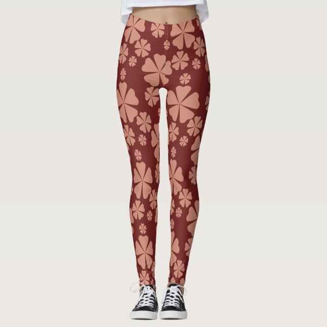 Brown Muted Floral Abstract Pattern Leggings (Front)