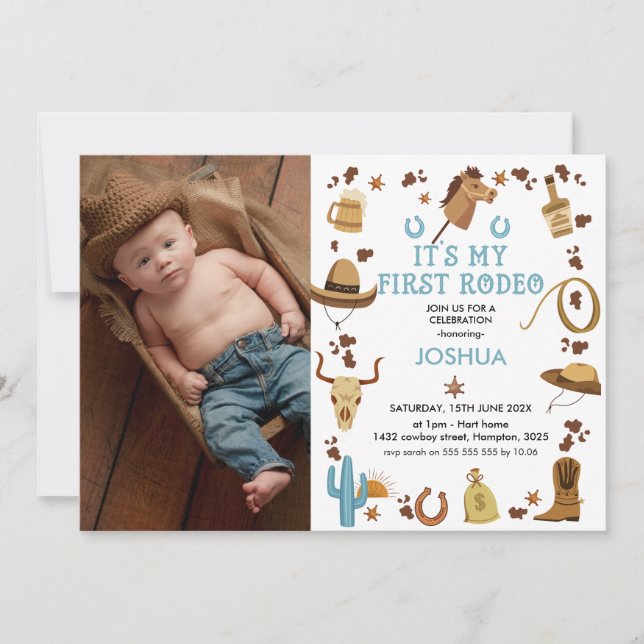 Brown My First  Rodeo Cowboy Photo 1st Birthday Invitation (Front)