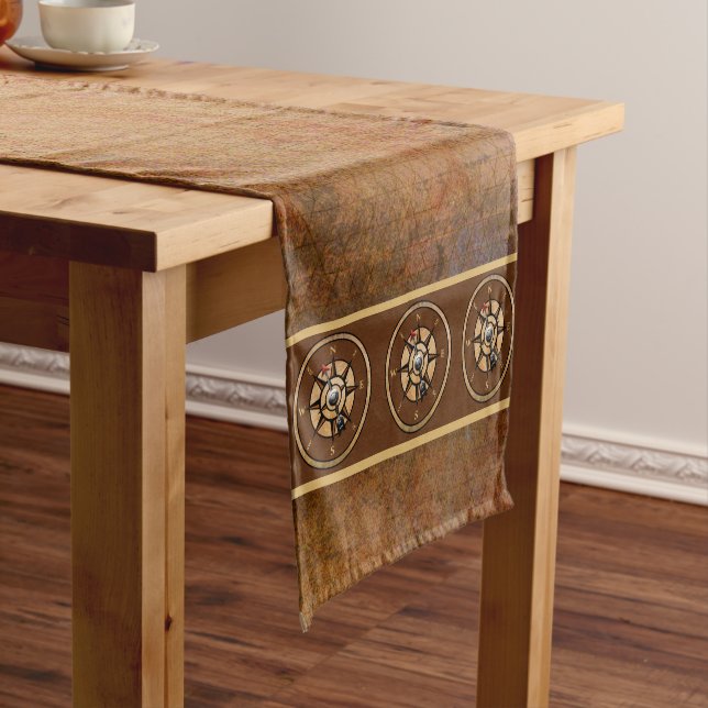 Brown Nautical Rustic Compass Design Short Table Runner (In Situ)