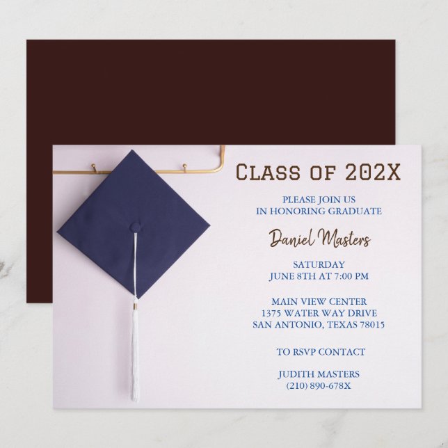 Brown /Navy Blue Graduation Cap  Invitation (Front/Back)