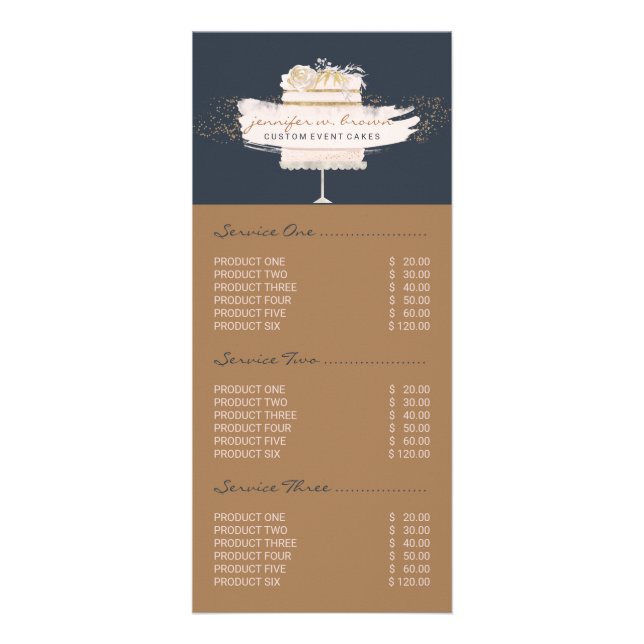 Brown Navy Elegant Cake Baker Floral Pastry Price Rack Card (Front)