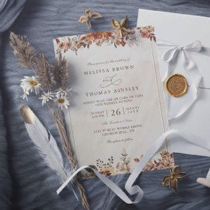 Brown Neutral Floral Elegant Boho QR Code Wedding  Invitation