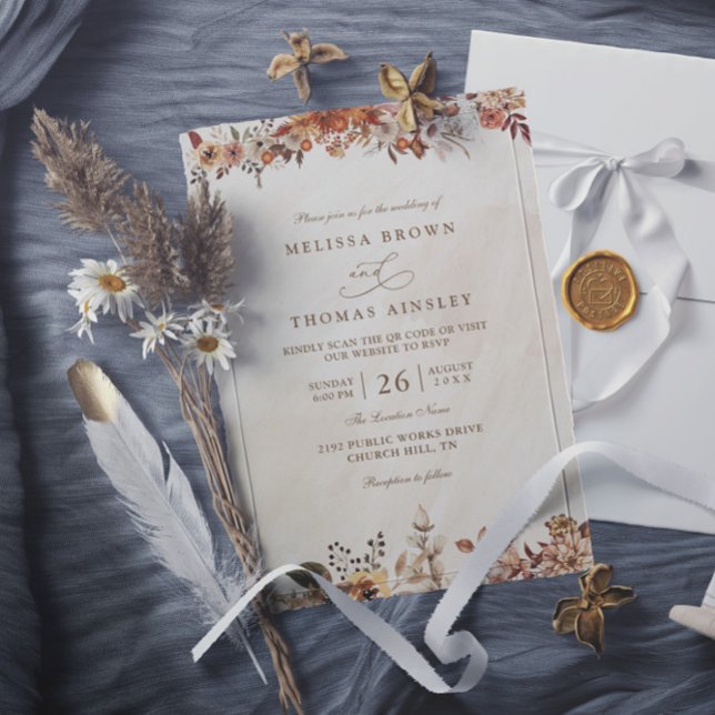 Brown Neutral Floral Elegant Boho QR Code Wedding  Invitation (Creator Uploaded)