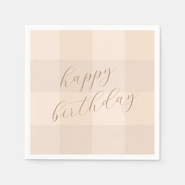 Brown Neutral Gingham Script Happy Birthday Paper Napkin (Front)