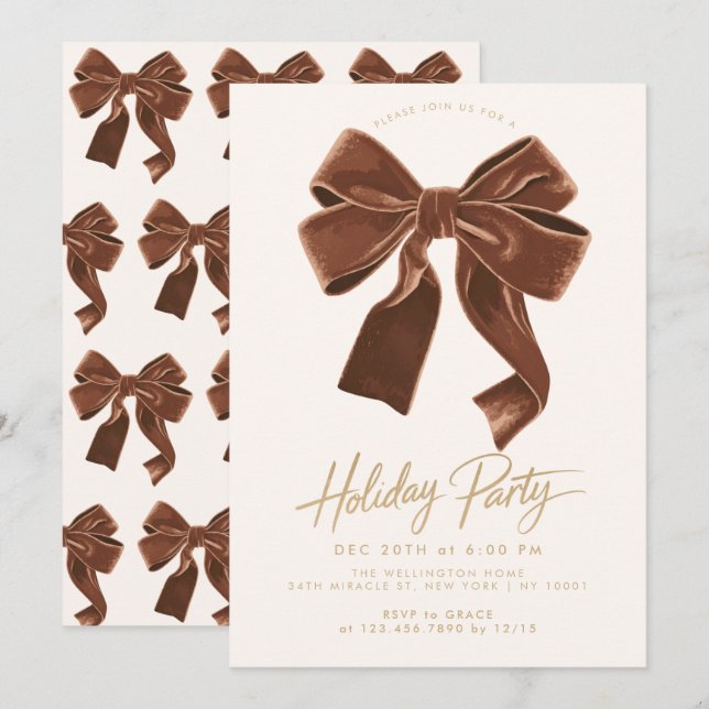 Brown Neutral Velvet Bow Holiday Christmas Party Invitation (Front/Back)