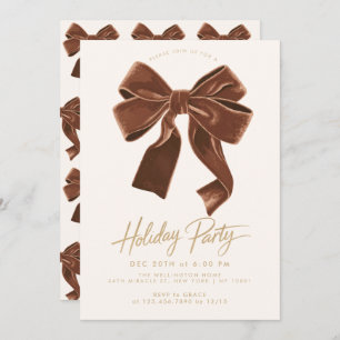 Brown Neutral Velvet Bow Holiday Christmas Party Invitation
