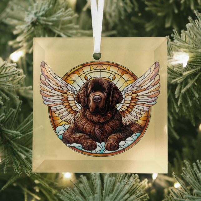 Brown Newfoundland Dog Angel Glass Ornament (Insitu)