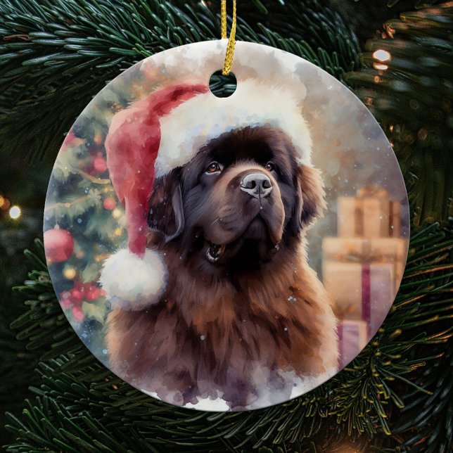 Brown Newfoundland Dog Santa Hat Christmas Ceramic Tree Decoration (Creator Uploaded)