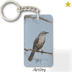 Brown Northern Mockingbird Bird Painting Initials Key Ring