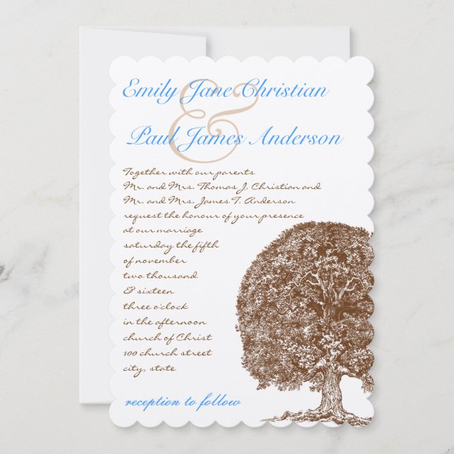 Brown Oak Tree Aqua Blue Font Wedding Invitation (Front)