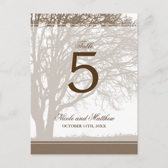 Brown Oak Tree Fall Wedding Table Number Postcard (Front)