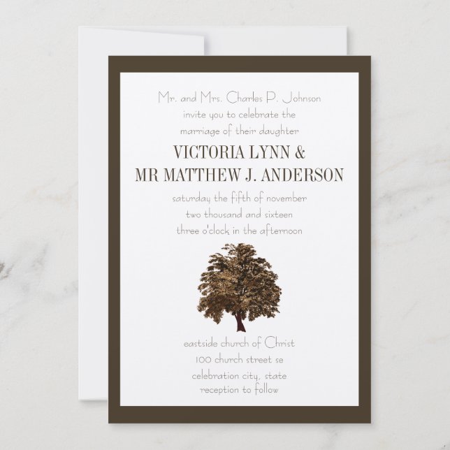 Brown Oak Tree Wedding Invitation (Back)
