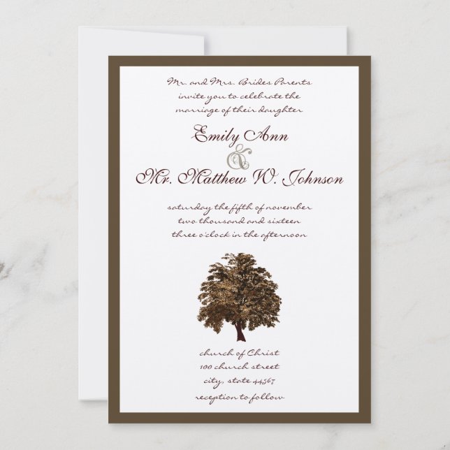 Brown Oak Tree Wedding Invitation (Back)