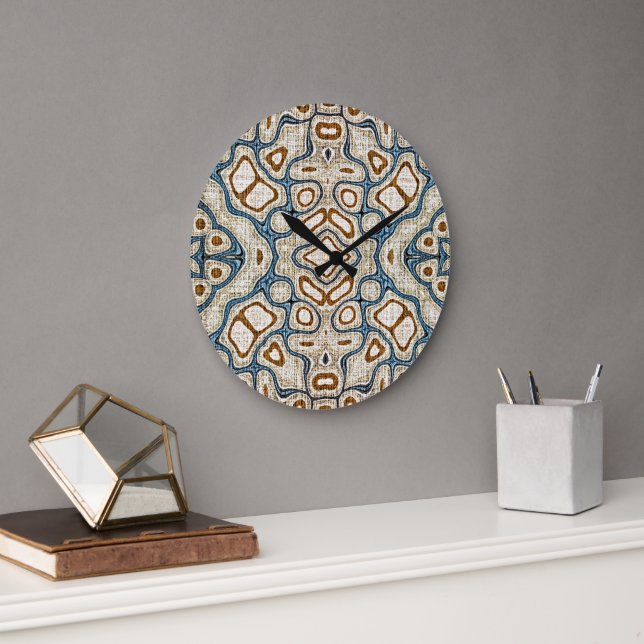 Brown Ochre Teal Blue Hip Bohemian Art Large Clock (Office)