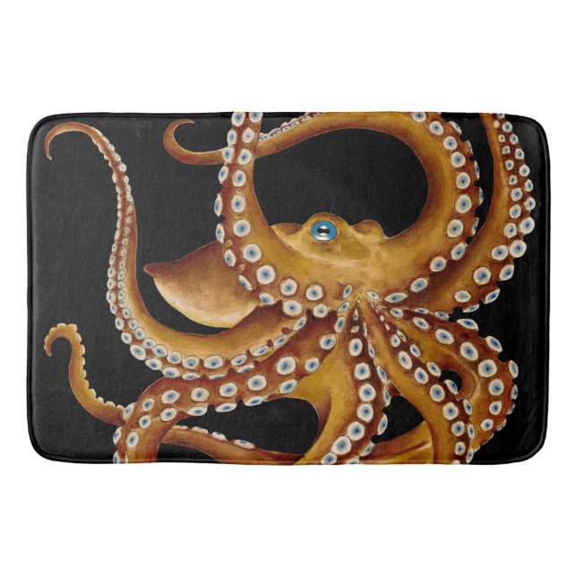 Brown Octopus Blue Eye Black Art Bath Mat (Front)