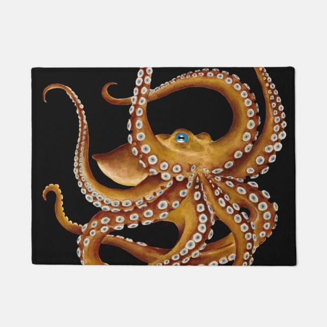 Brown Octopus Blue Eye Black Art Doormat (Front)