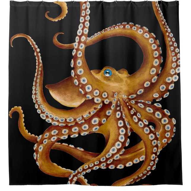 Brown Octopus Blue Eye Black Art Shower Curtain (Front)