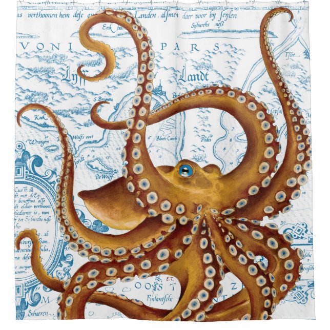 Brown Octopus Blue Vintage Map Shower Curtain (Front)