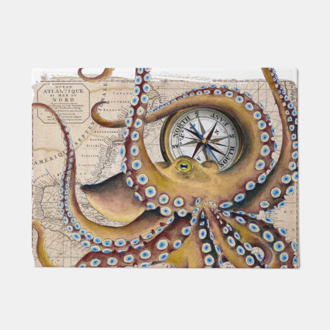 Brown Octopus Vintage Map Compass Doormat (Front)