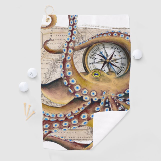 Brown Octopus Vintage Map Compass Golf Towel (InSitu)