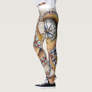 Brown Octopus Vintage Map Compass Leggings