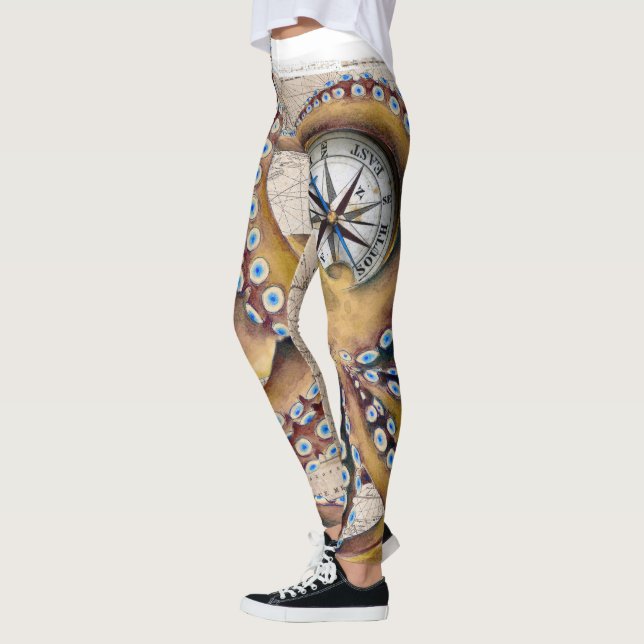 Brown Octopus Vintage Map Compass Leggings (Left)