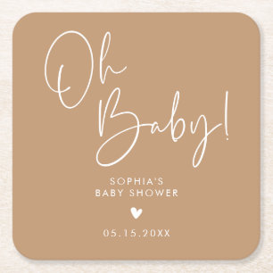 Brown Oh Baby Modern Boho Baby Shower Square Paper Coaster