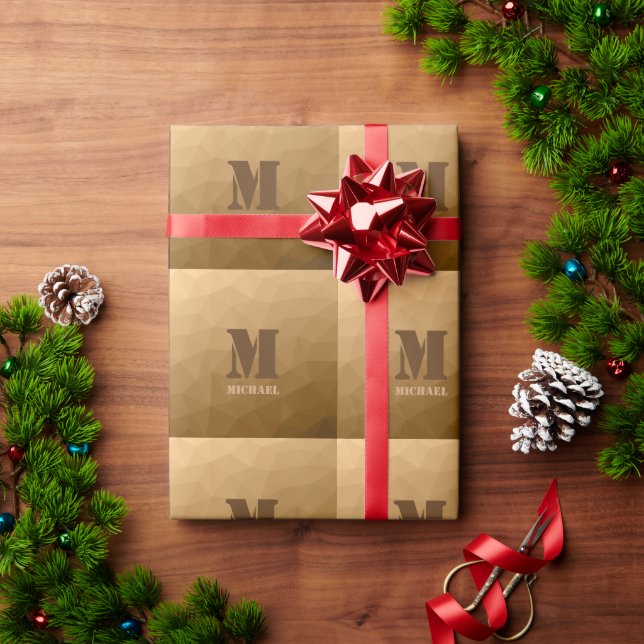Brown ombre geometric mesh pattern Monogram Wrapping Paper (Holiday Gift)