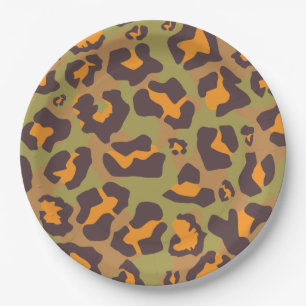 Brown, orange and olive green leopard animal print paper plate