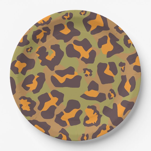 Brown, orange and olive green leopard animal print paper plate (Front)