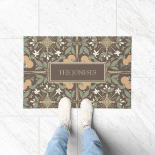 Brown Orange Blossoms Pattern and Custom Text Doormat