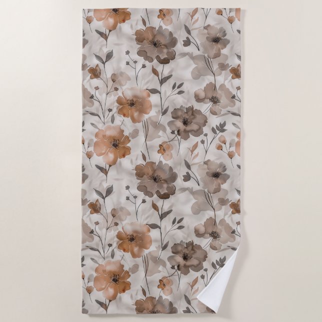 Brown Orange Cream Flowers Beach Towel (Front)